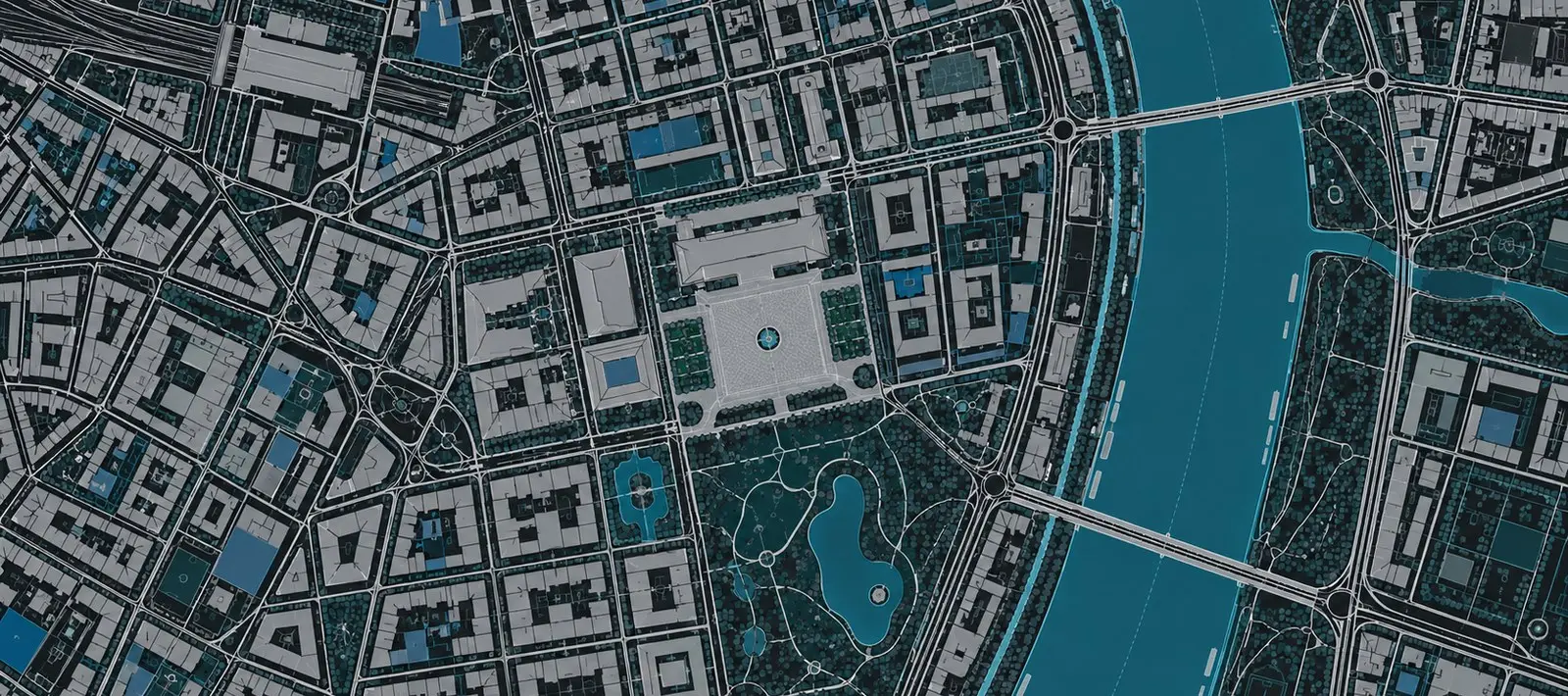 都市を上空から見た2Dの地図表現