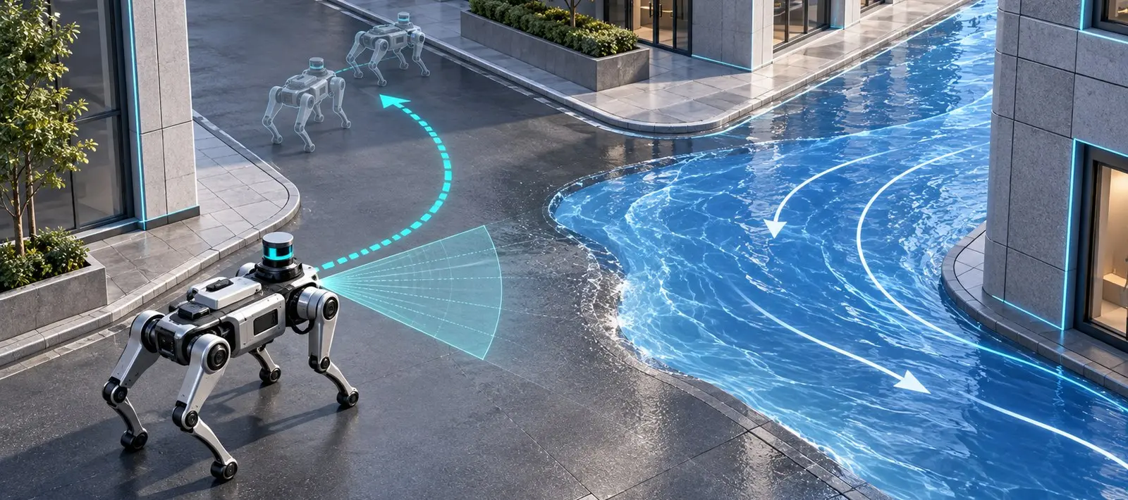 浸水した街路をセンサーで確認しながら迂回する四足歩行ロボット